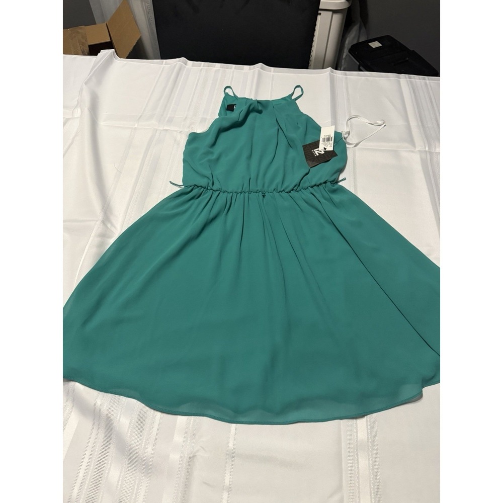 IZ Byer Turquoise Halter Neck Pleated A-Line Dress Small NWT 1142N35